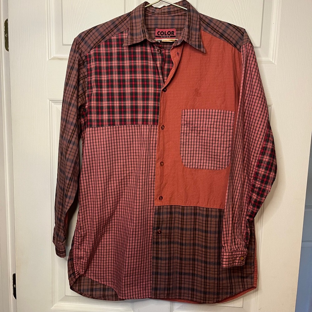Vintage Color System Patchwork Plaid Shirt Small Colorblock Grunge Flannel '90s